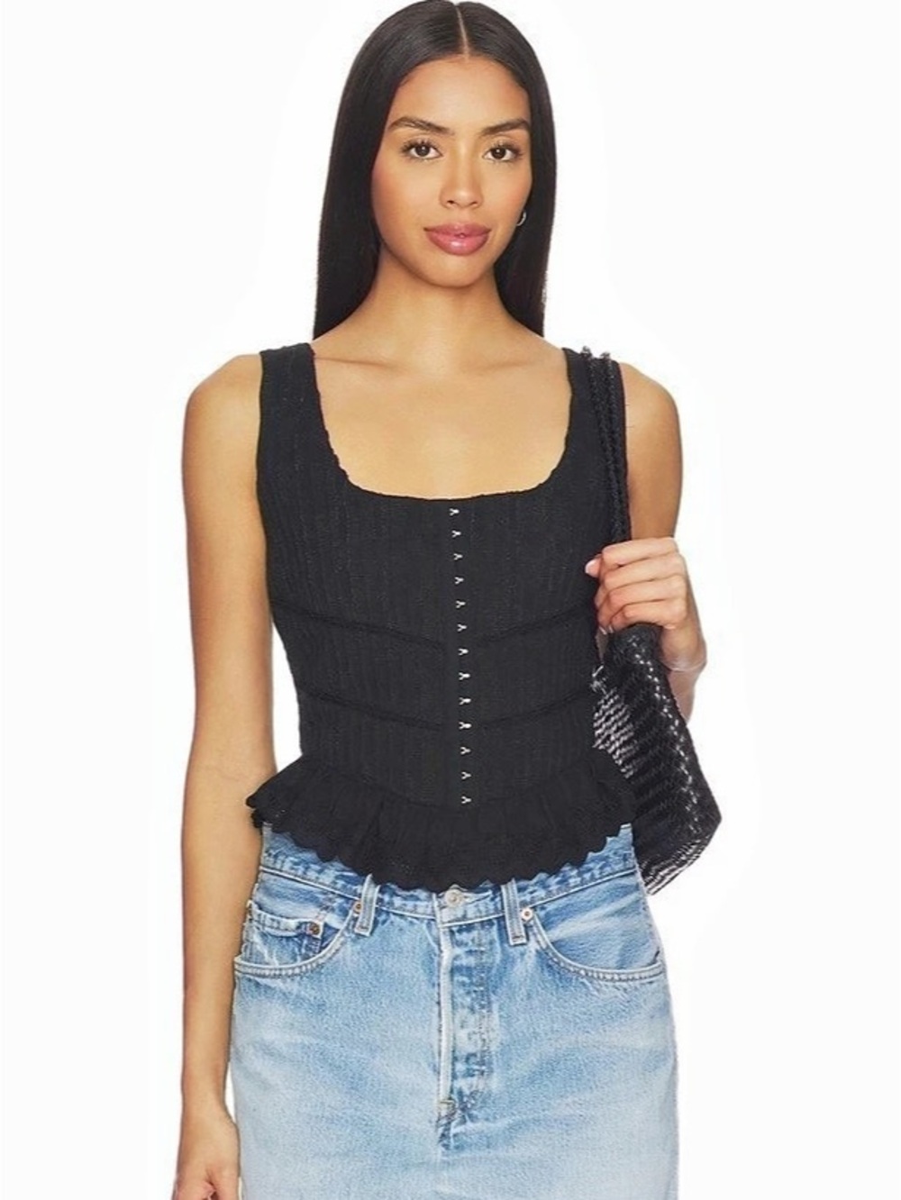 Free People Ribbed Button-Front Tank Top in Black Small Like New